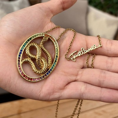 Just Cavalli Rainbow Stones Snake Necklace Gold Color Stainless Steel