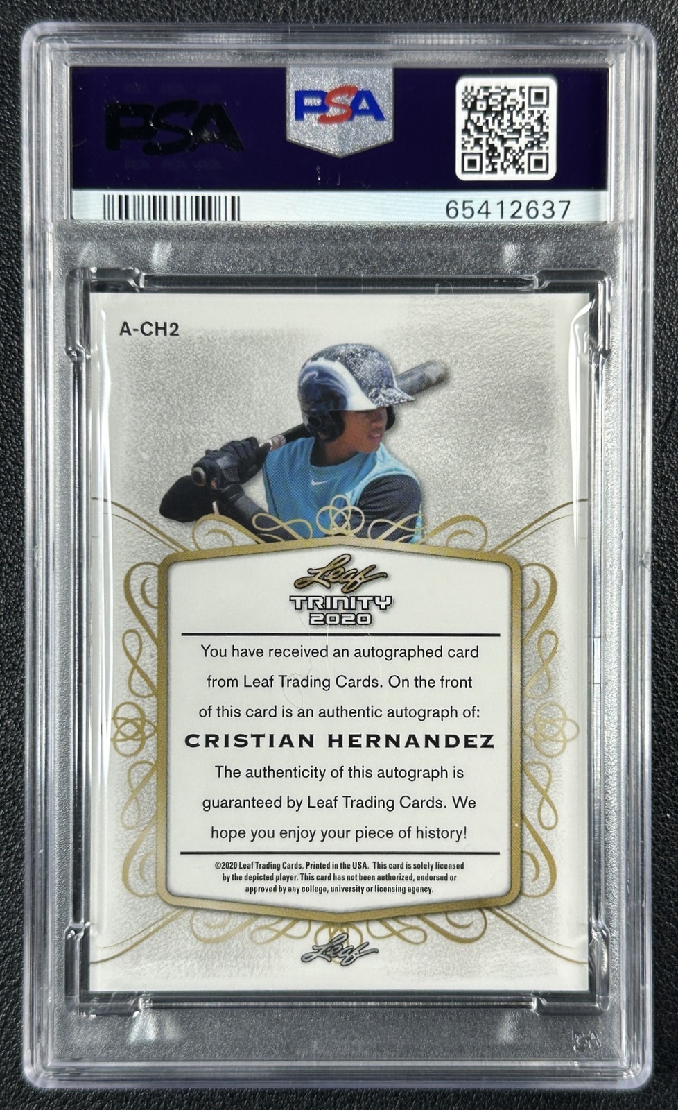 CRISTIAN HERNANDEZ PSA 9 2020 LEAF TRINITY AUTO SPECTRUM GREEN HOLOFOIL RC 9/25 view 2