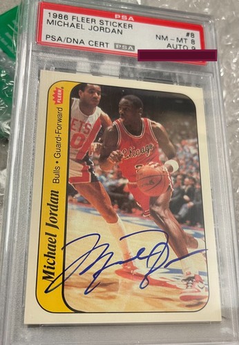 Michael Jordan 1986 FLEER Signed AUTO UDA ROOKIE STICKER PSA 8 AUTOGRAPH Mint 9