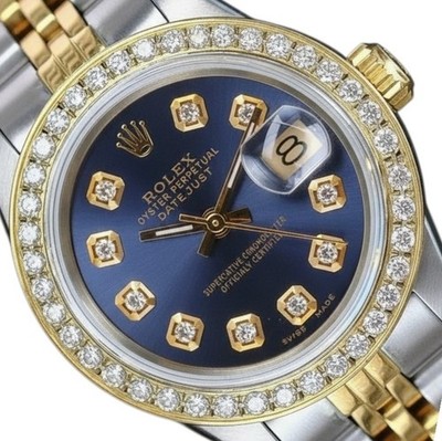 Rolex Datejust TwoTone 14KY Gold Steel Metal Blue Dial & Diamond Bezel Watch