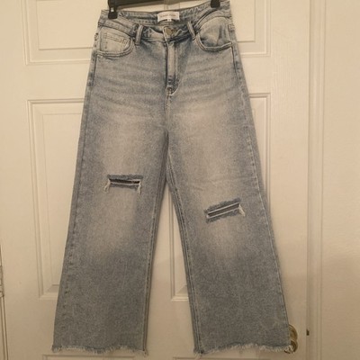 Risen Jeans Womens Size 9/29 Faded Blue Distressed Wide Leg Raw Hem 