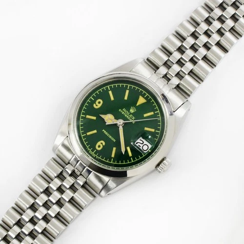 Vintage Rolex Oysterdate Precision Green Dial 34mm Men Steel Watch Ref 6694