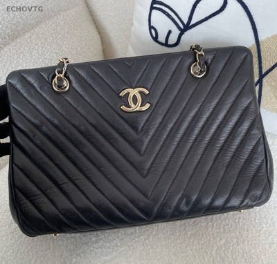 Chanel Lambskin Tote Chain Shoulder Bag Black Gold Used Women Classic Fashion