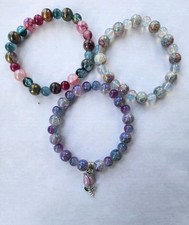 3 Glass  Stone beaded Bracelets Stretch, 3 Flower Rose Tulip Charm Bracelets