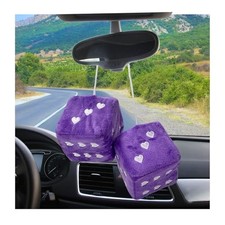 2 PCS Fuzzy Plush Dice for Car Mirror, 3" Soft Retro Square Heart-Shape Purple