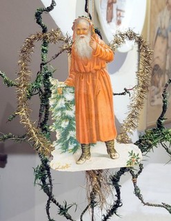 Red Robed Santa Holly Crown with Tree. Early 1880s Gold Tinsel & Paper Orn.