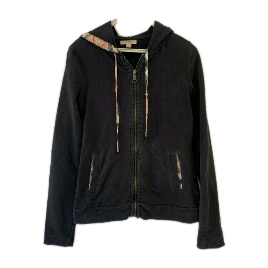 Burberry Brit Hoodie Womens Small Black Nova Check Trim Full Zip