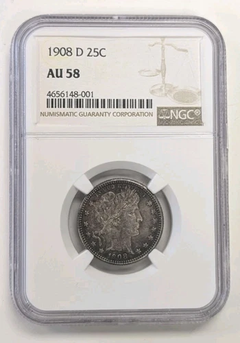 1908 D Barber Quarter-NGC AU58