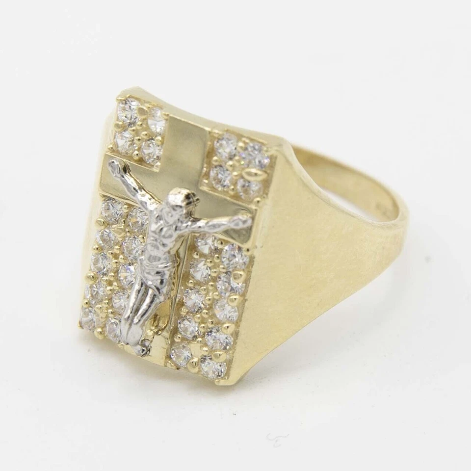 Anillo Crucifijo Jesús Circonita cúbica Oro Amarillo Blanco 10K Sólido Real - Todos los Tamaños Foto 3 de 4