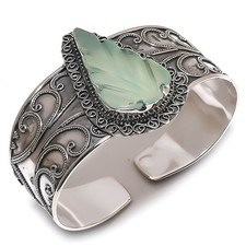 Aqua Chalcedony Carving Gemstone 925 Sterling Silver Cuff Bangle Adjustable O961