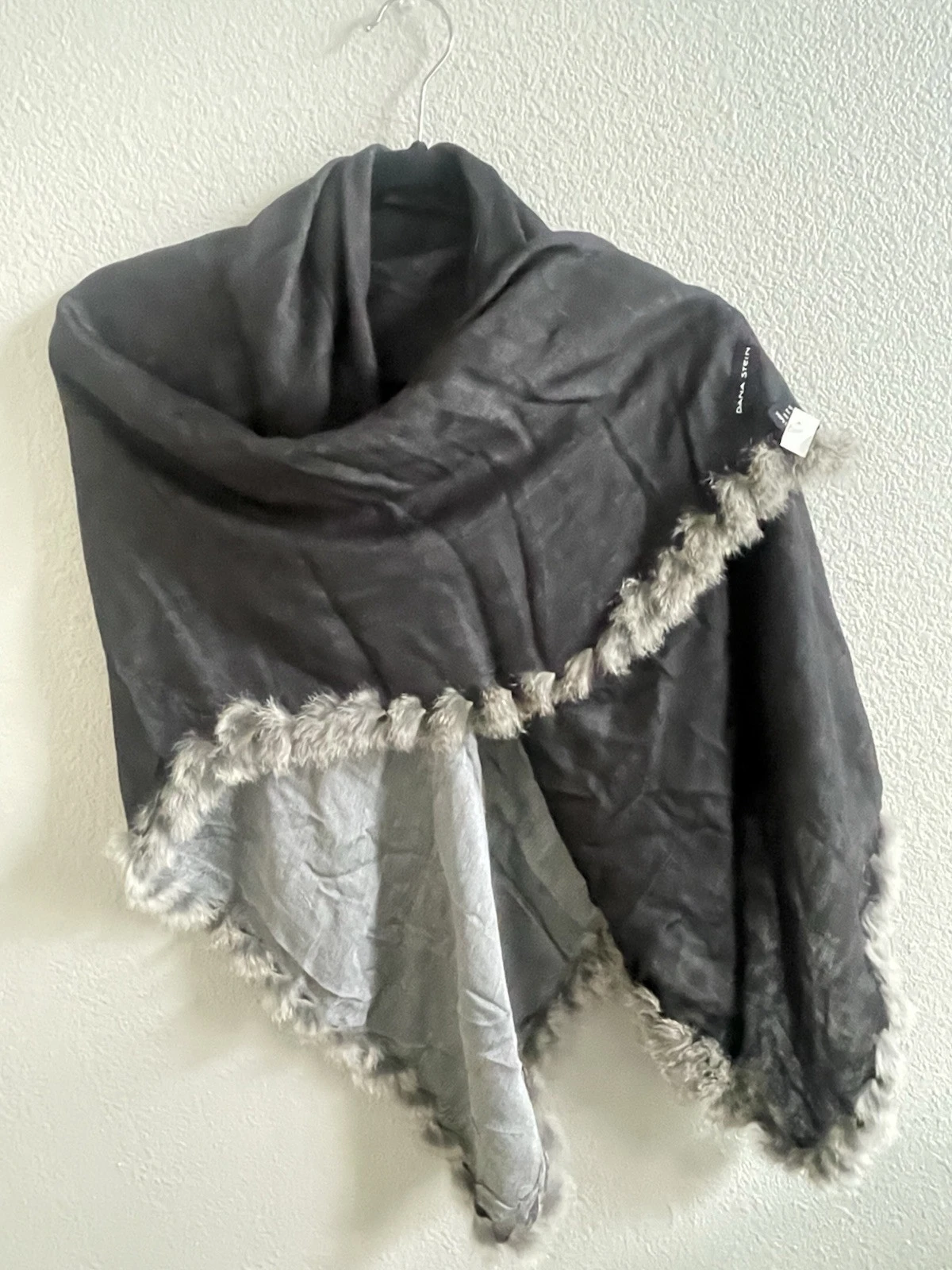 Vtg? Dana Stein Woven Scarf Wrap Rabbit Fur Trim Black Grey 2 Sides 38 x 38 NWT