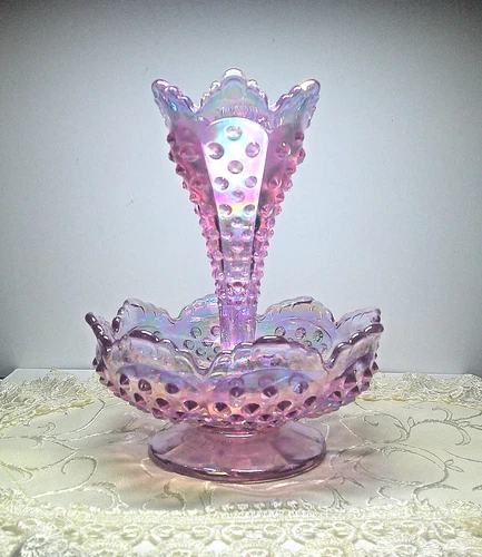 Fenton Iridized Pink Hobnail Single Horn Epergne Limited Edition 95th Year