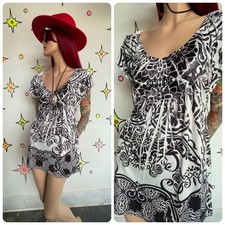 Y2K Black  White Tattoo Graphic Print Tunic Top Fairy Whimsy Goth Grunge L