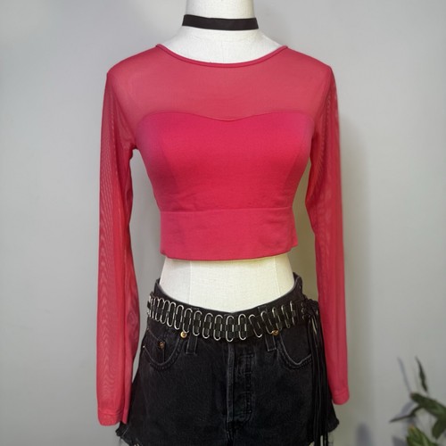 Y2K Sheer Hot Pink Long Sleeve Mesh Crop Top Rave Girlcore Indie Fairy 90s S - Picture 2 of 6