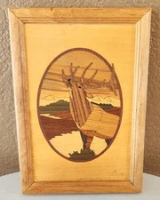 "Elk" Marquetry Framed Art Wood Inlay Hudson Valley Nelson 1985