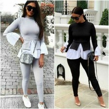 Ladies Layered Puff Sleeve Top Frill Hem Blouse Jumper Two Piece Lounge Set Suit