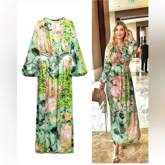 ZARA FLORAL PRINT CUT OUT DRESS Maxi Blue Green Long Sleeve