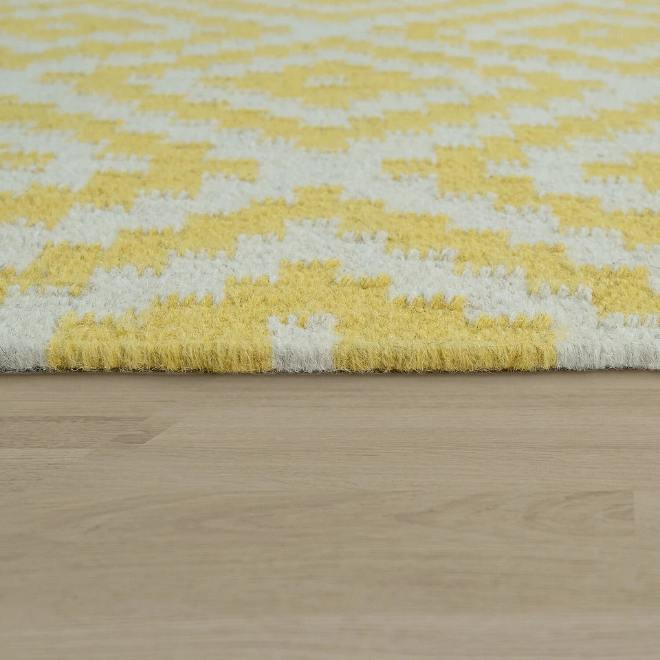 Tapis Tendance Tissé Main À Franges | Motif Marocain Moderne | Jaune Blanc - Photo 2/3