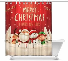 Merry Christmas  Happy New Year Shower Curtain Light-Weight Bath Decor 12 Hooks