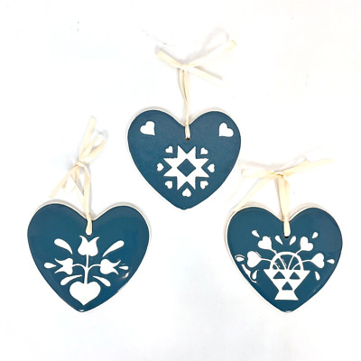3 Ceramic Hanging Tiles Heart Shaped With Ribbon Blue With White Design Signed