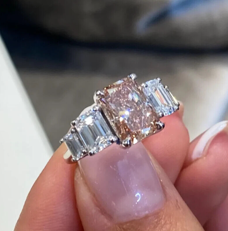 Radiant Cut Lab Grown Fancy Vivid Pink Diamond Stone Ring