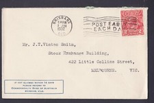 1932 KING GEORGE V 2d PRE-DECIMAL STAMP COMMONWEALTH BANK COMMERCIAL COVER #B225