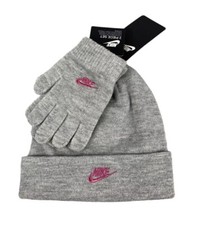 NIKE Girls Youth 7/16  2 Piece Fold over Futura Beanie Hat Gloves Set Gray