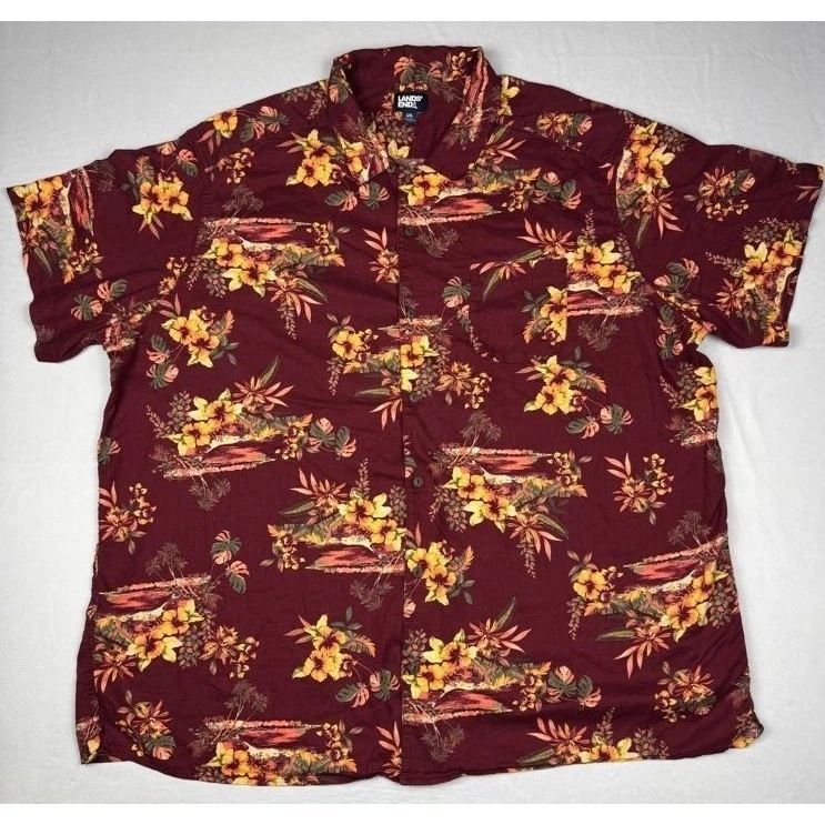 Lands' End Mens 4XL Tropical Floral Button Down Shirt Burgundy Cotton Viscose