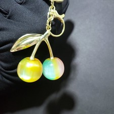 Multicolor Pastel Marbled Cherry Fruit Charm Key Chain Gold Tone Metal for Women