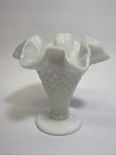 Vintage Fenton Hobnail Milk Glass Ruffled Top Miniature Trumpet Vase 3.75”