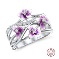 Violet Flower Ring Sterling Silver Stackable Women Zircon Wedding Jewelry