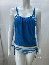 New Women’s Blue Blouson Tankini Set Size S Striped Tie-Side Bikini Bottoms 2PC
