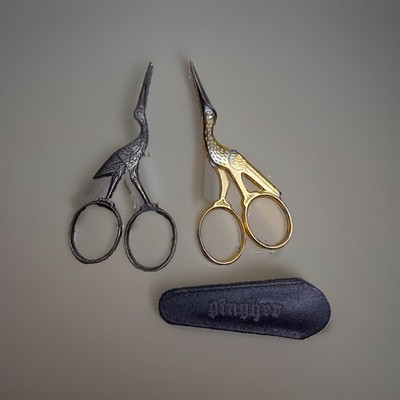 Gingher Stork Crane Bird Embroidery Scissors Gold & Silver Tone w/ Sheath
