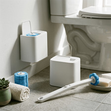 Bathroom Disposable Toilet Brush Handle - No Refill Heads, with Anti-Tip Holder