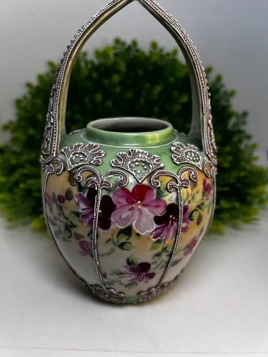 Antique Japanese Nippon Porcelain Moriage Basket Pink Floral 7"