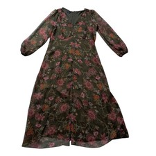 Talbots Dress Womens 6 Midi Floral Deep Moss Metallic Shimmer Fall Wedding Guest