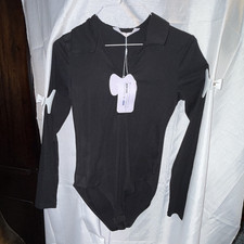 MangoPop Women s Black Long Sleeve Solid Bodysuit One Piece Size S