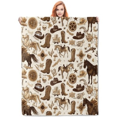 Cowboy Themed Flannel Blanket - Vintage Horses Soft Lightweight Throw 50''x60