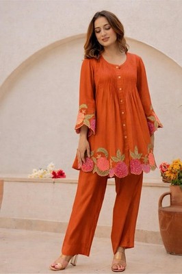 Women Rust Cotton Kurti Pant Set Floral Tunic Co Ord Ethnic Outfit