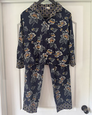 Vera Bradley Women s Pajama Set M Blue Floral Button-Front Collared Cotton Knit