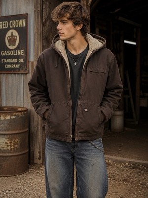 Dickies Sherpa Lined Hooded Jacket Brown Duck Canvas Coat XL #thrasher#western