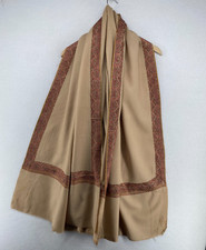 Wool Scarf Woven Kashmiri Shawl Wrap Paisley Embroidered Beige 39" x 80" Vtg