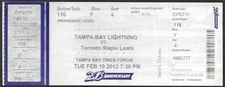 February 19 2013 Tampa Bay Lightning vs Toronto Maple Leafs ticket stub