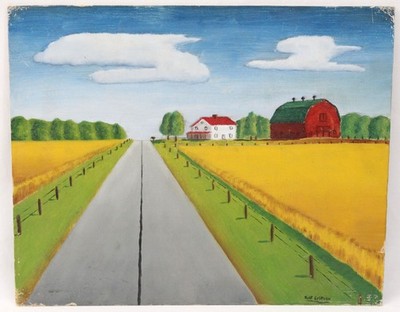Rolf Erikson 1950's Vintage Modernist 16x20 Oil Painting Farm Landscape Red Barn