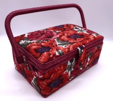 Vintage Sewing Basket Floral Fabric Covered Sewing Box With Handle Red Poppies
