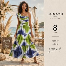 Busayo Collective Tie Dye Maxi Dress Sz 8 Ruffle Linen Cotton Tiered Resort Boho