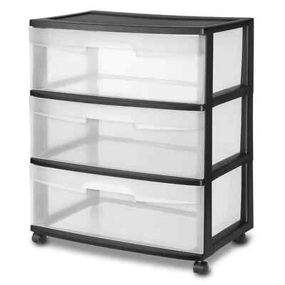 Storage Drawer, 3 Drawer Wide Plastic Storage Cart with Clear Pull Out Drawers
