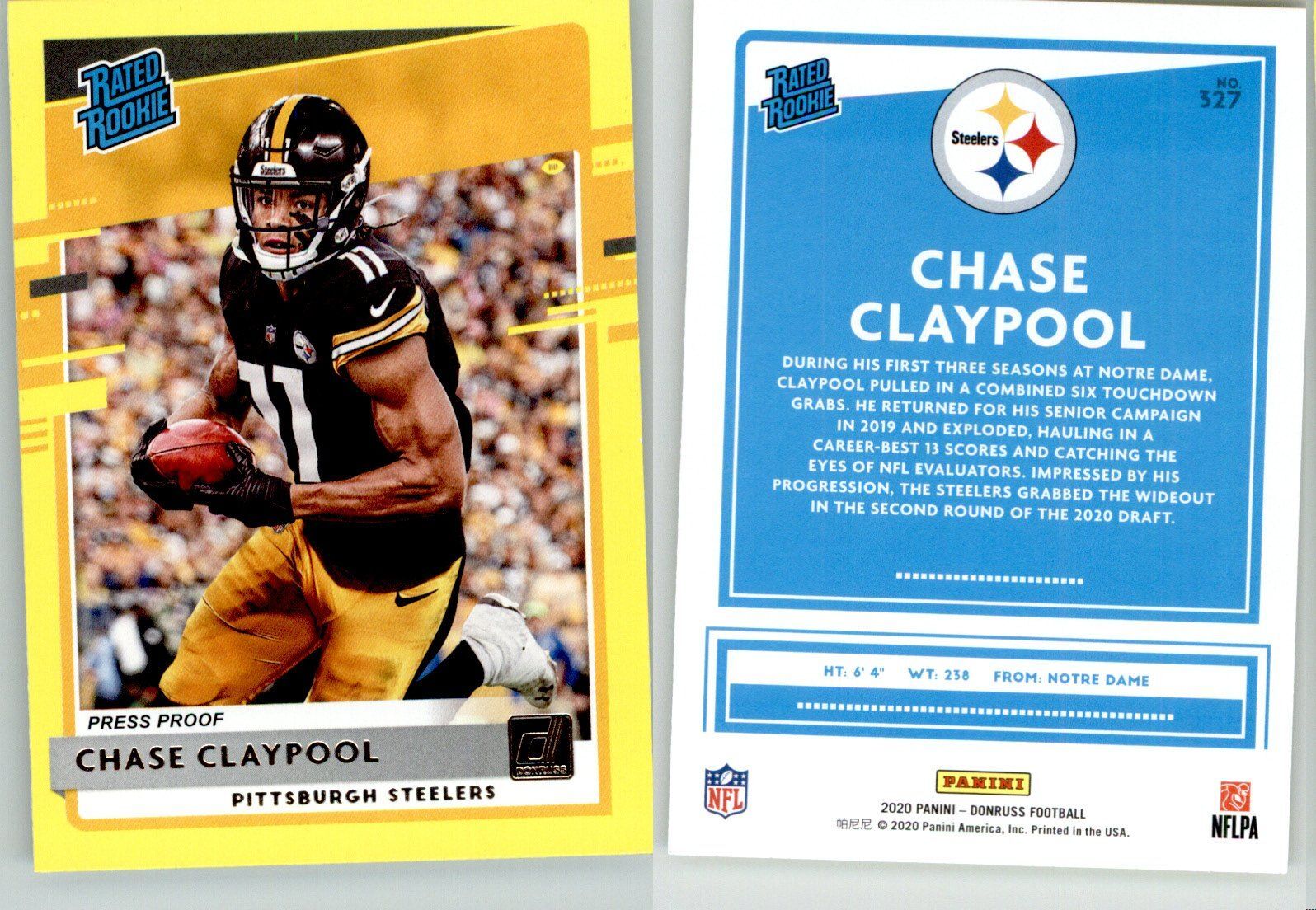 Chase Claypool 2020 Donruss Press Proof Yellow #327 Steelers Bears RC Rookie