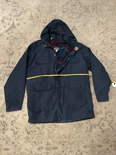 Woolrich Jacket Blue 6110-Hood Fleece Lined-Men-Sz L-4 Flap Pockets Outdoor Blue