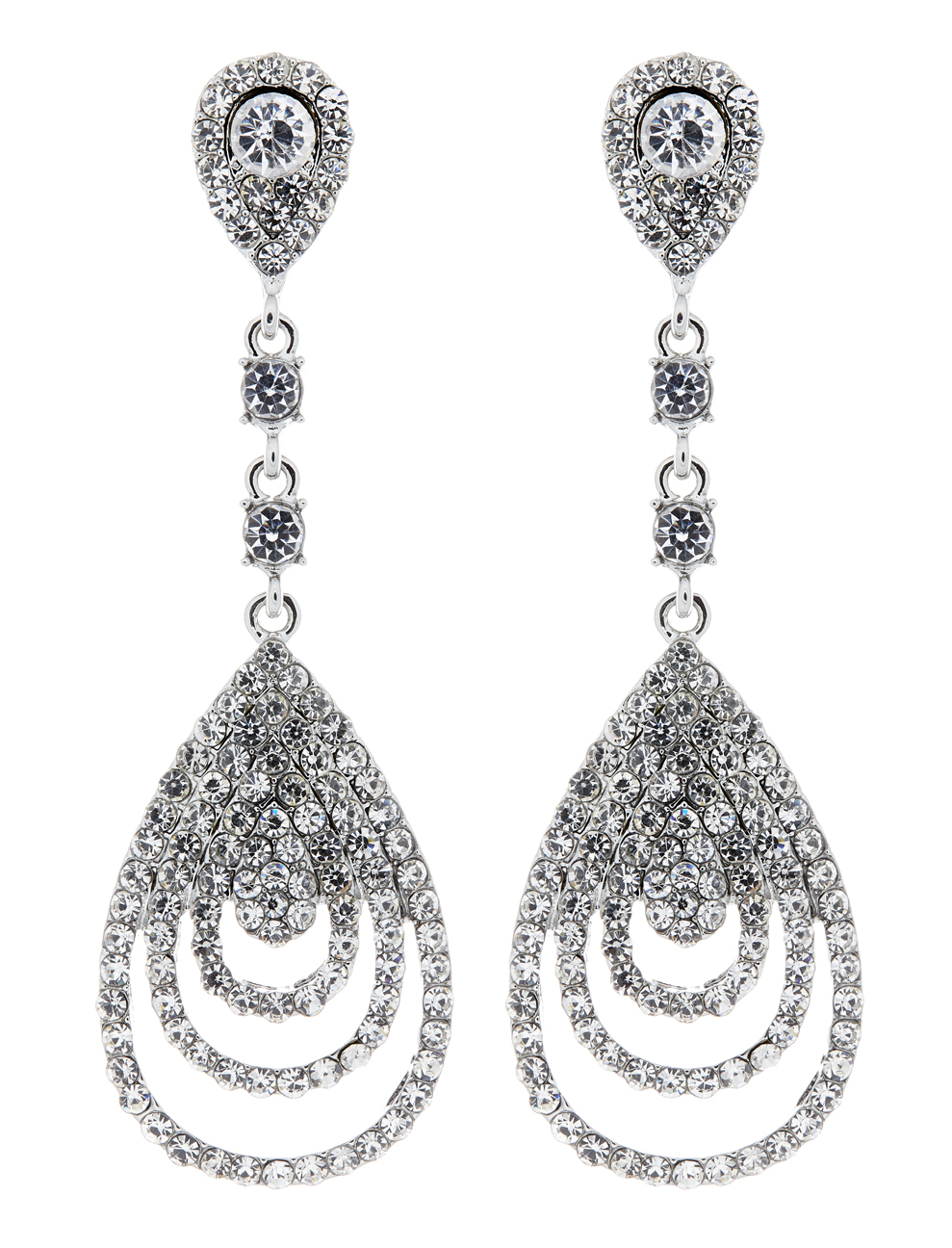 Clip On Earrings silver plated chandelier drop with clear crystals - Evita